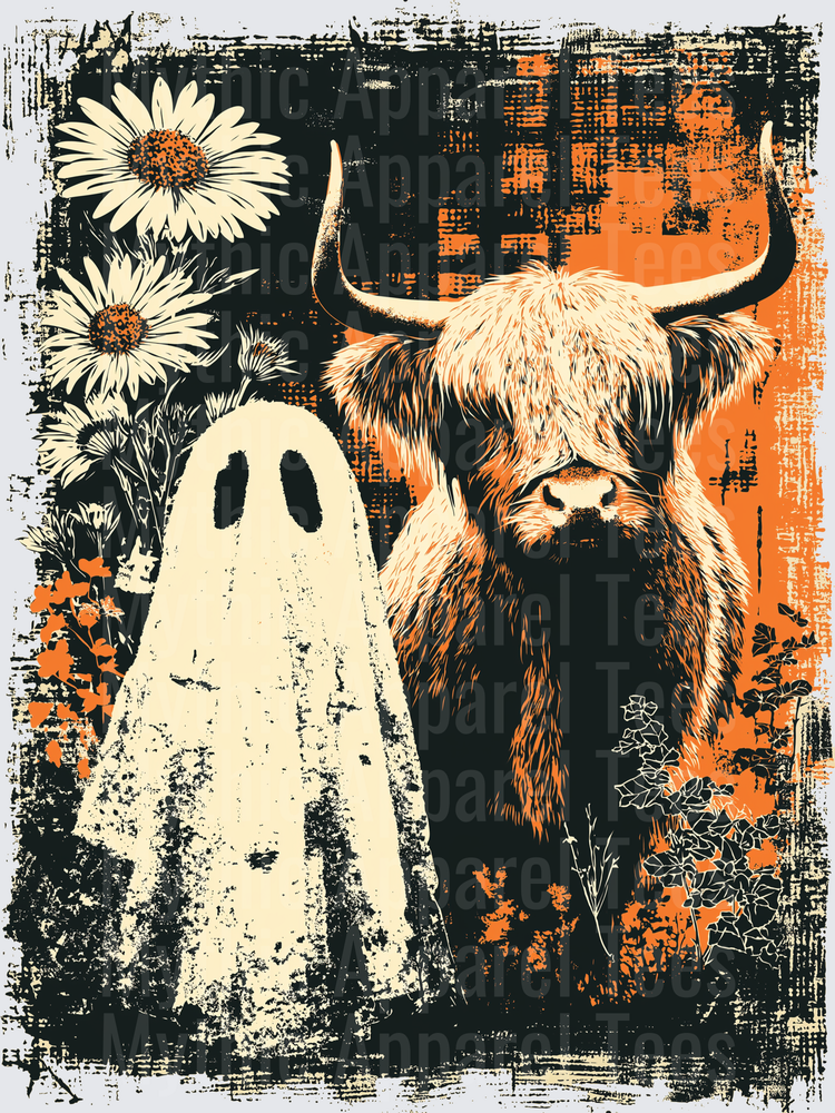 Distressed Halloween Highland Cow and Ghost with Daisies Vintage Grunge Design