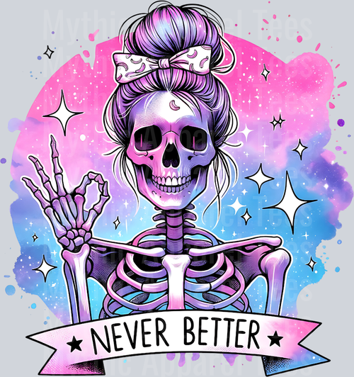 Never better pastel pink and blue background skull girl DTF Skull Transfers