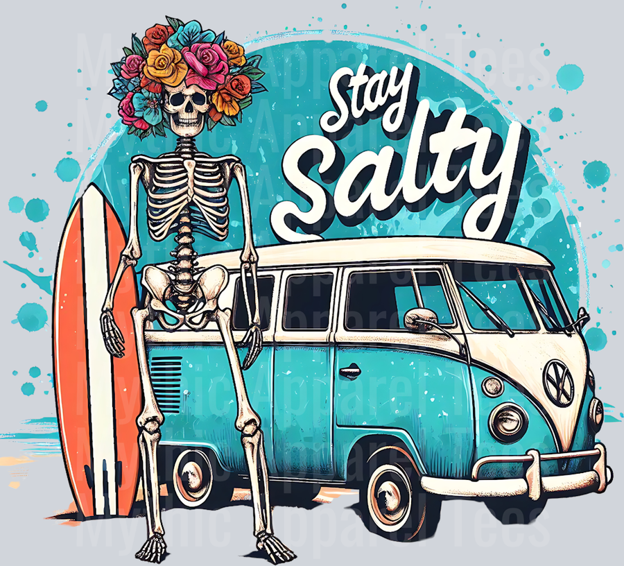 Stay salty vw beach van with surf board skull DTF Skull Transfers