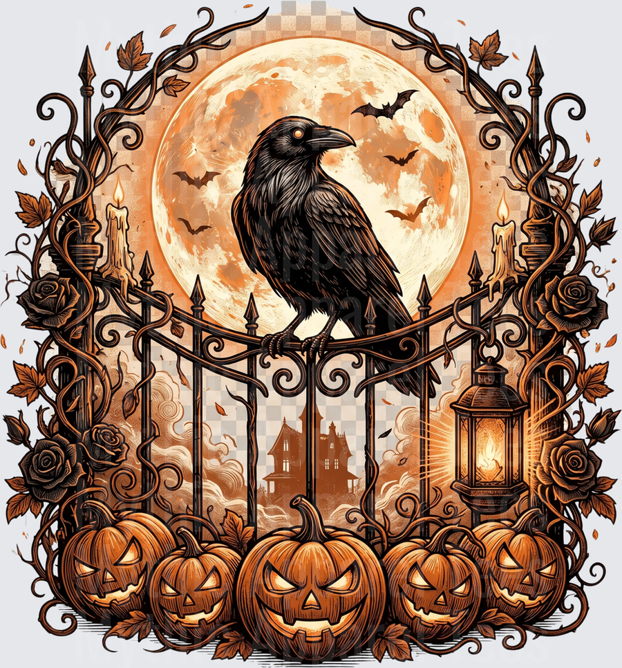 Gothic Halloween Raven Perched on Iron Gate Full Moon Jack-o-Lanterns Haunted Mansion Bats Candles Dark Roses Autumn Leaves