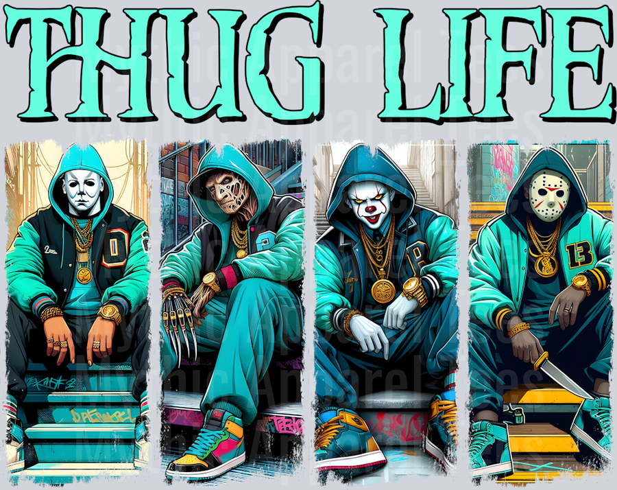 Teal Letters THUG LIFE Freddy Krueger Jason Vorhees Michael Myers Pennywise Gangster Pose Horror Movie DTF Thug Life Transfers