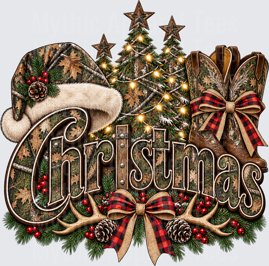 Christmas Camo Santa Hat Cowboy Boots Rustic Trees Buffalo Plaid Bow Antlers Pine Cones Holly Berries Western Holiday