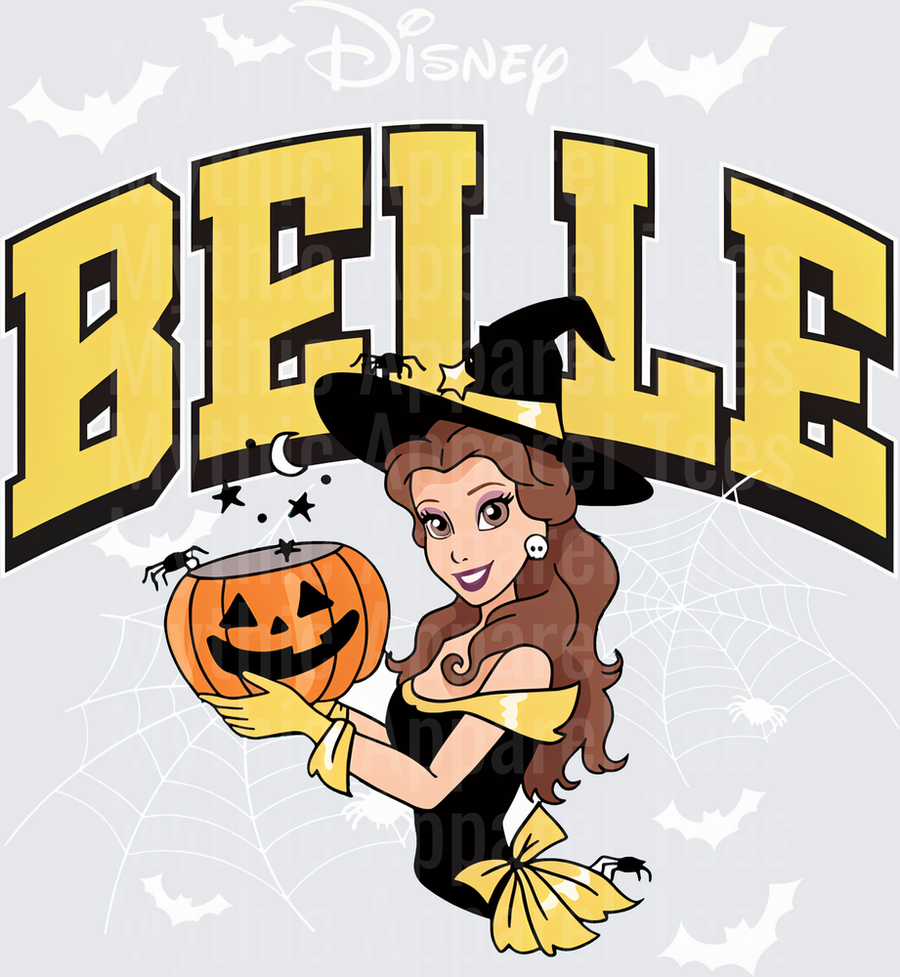 Belle Beauty and the Beast Halloween Witch Holding Jack-O-Lantern Pumpkin Arched Letter Design