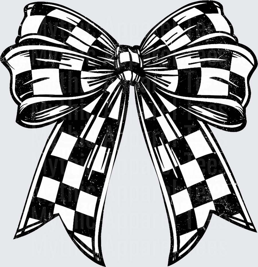 Black and White Checkered Racing Flag Bow Ribbon Grunge Distressed