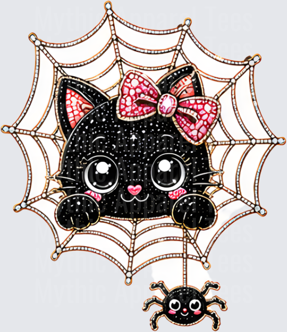 Halloween Bling Cute Black Glitter Kitty with Pink Bow Peeking Through Spiderweb with Dangling Spider