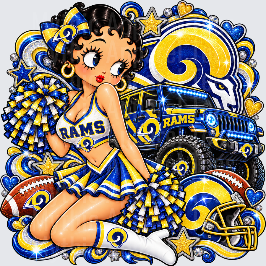 Betty Boop Los Angeles Rams Cheerleader with Glitter Pom Poms Blue and Gold Jeep Football Helmet Fan Spirit Design