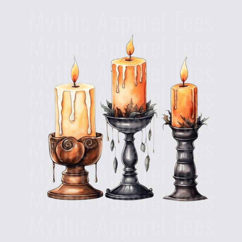 Three Dripping Pillar Candles on Ornate Gothic Candlesticks with Holly Leaves Watercolor Halloween Witch Aesthetic