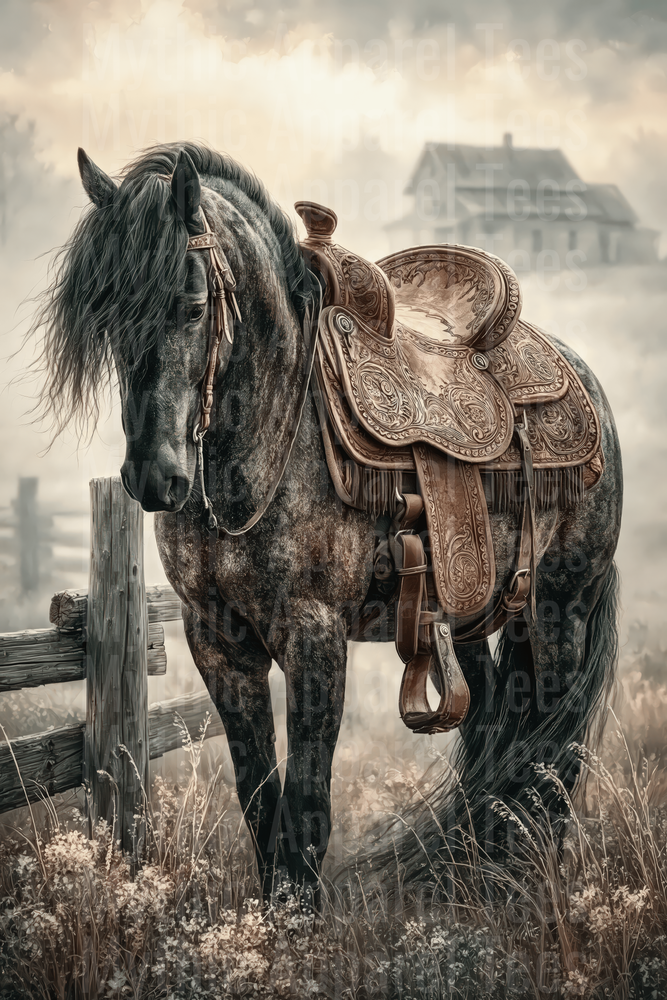 Dapple Gray Horse with Ornate Western Tooled Leather Saddle by Rustic Fence and Misty Farmhouse