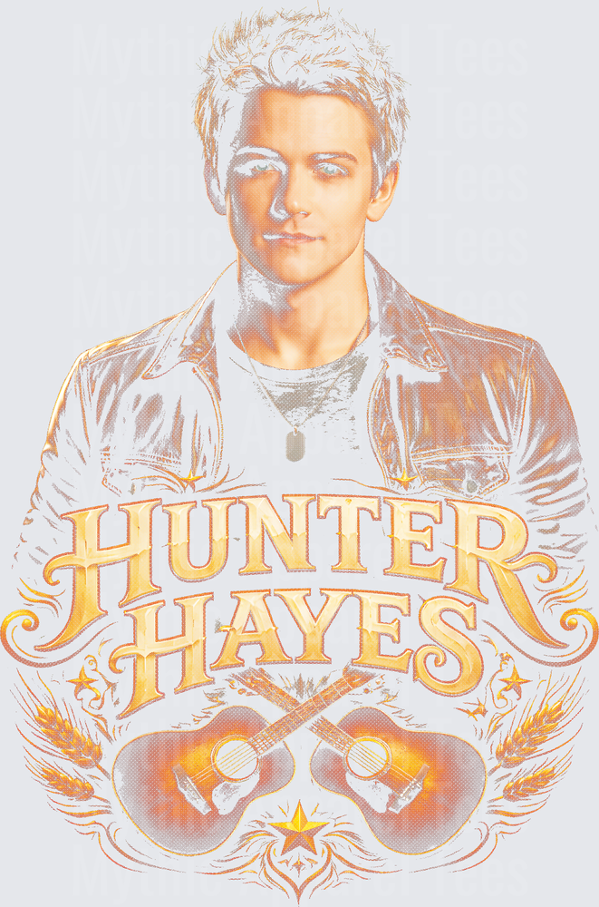 Hunter Hayes Portrait with Crossed Guitars and Ornate Script Logo Vintage Fan Art Design