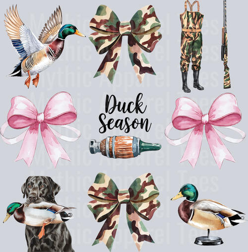 Duck Season Duck Bows and Camo DTF Hunter Transfers