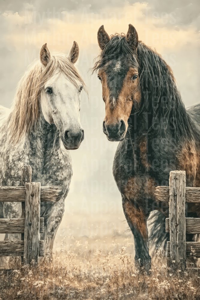 Dapple Gray and Dark Bay Horse Pair Facing Each Other by Rustic Wooden Fence in Misty Meadow