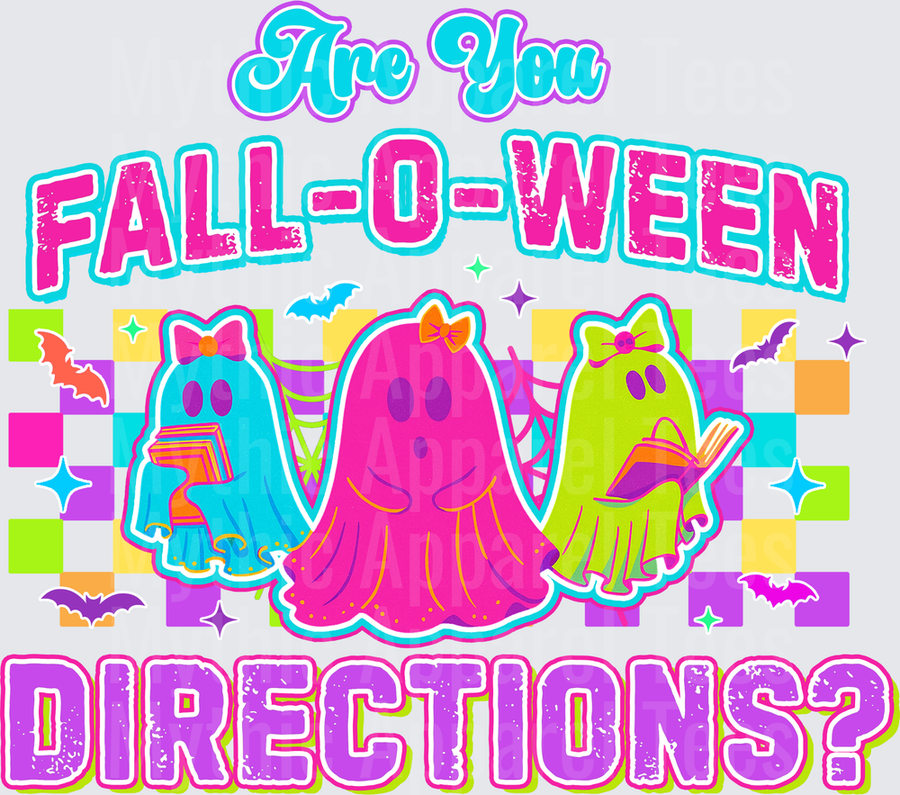 Halloween Are You Fall-O-Ween Directions Retro Neon Cute Ghost Trio with Bows Checkered Background Bats Sparkles