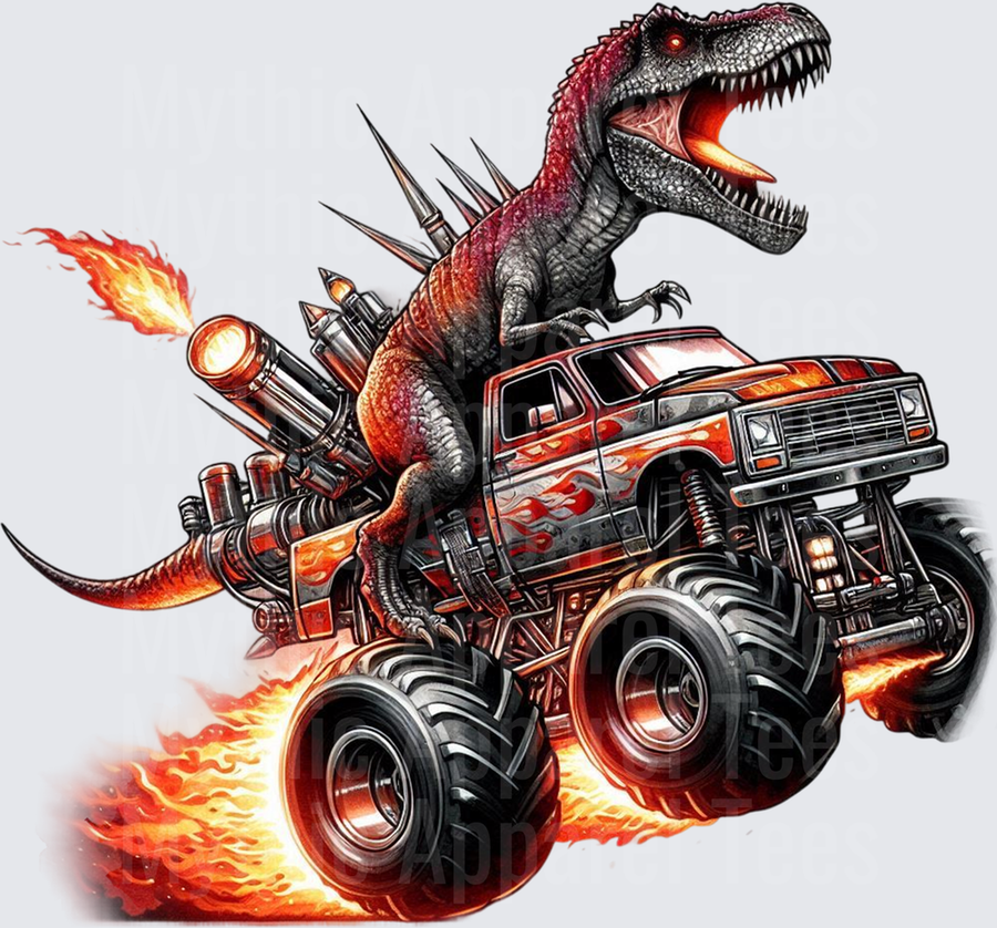 Fierce T-Rex Riding Flaming Monster Truck with Rocket Cannon