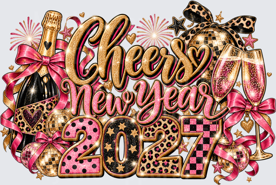 Cheers New Year 2027 Pink Leopard Glitter Disco Ball Champagne Celebration Design