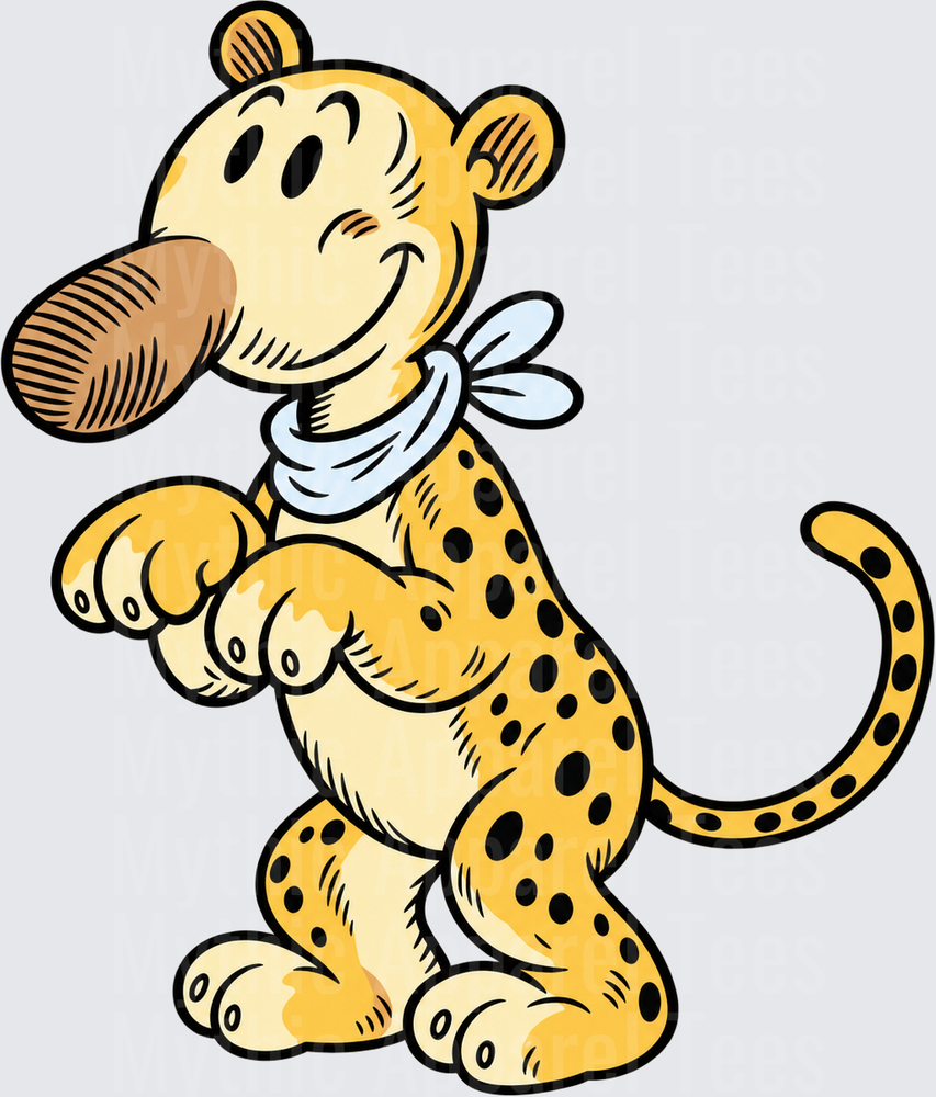 Eugene the Jeep Smiling Spotted Cartoon Leopard Character with Blue Neckerchief Standing Upright