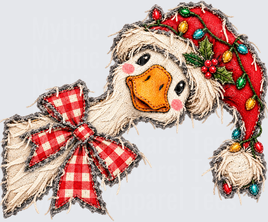 Rustic Burlap Christmas Duck with Santa Hat Holiday Lights and Buffalo Plaid Bow