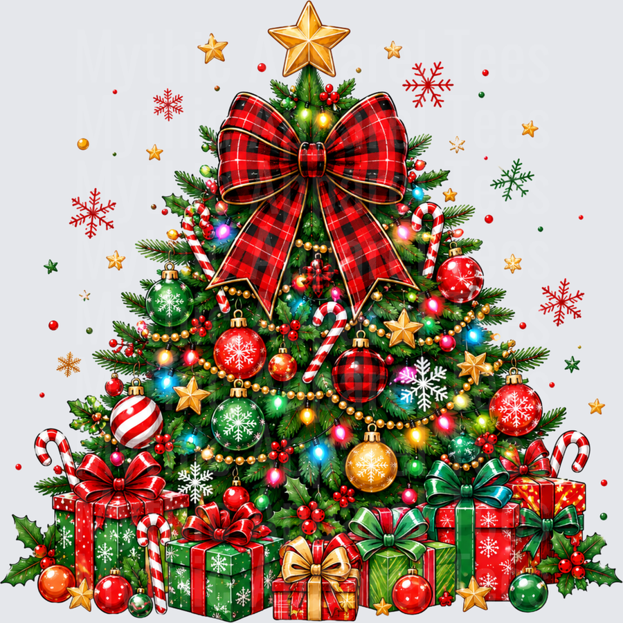Festive Christmas Tree with Buffalo Plaid Bow Gold Star Ornaments Candy Canes and Wrapped Gifts