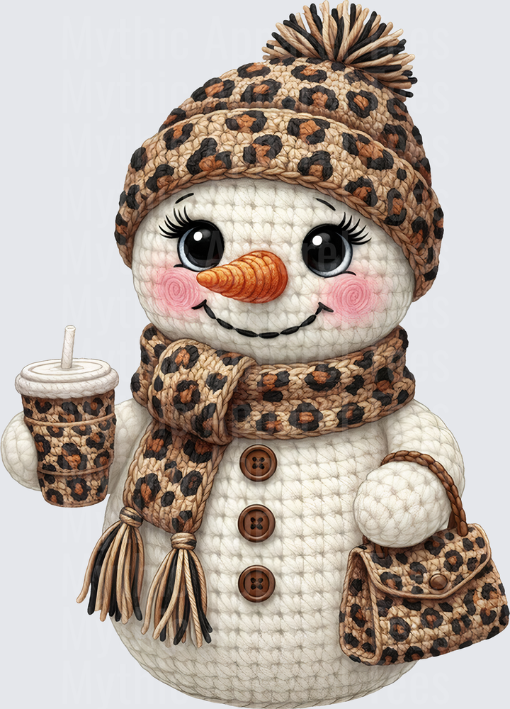 Crochet Amigurumi Snowman with Leopard Print Beanie Scarf Purse and Iced Coffee Cup