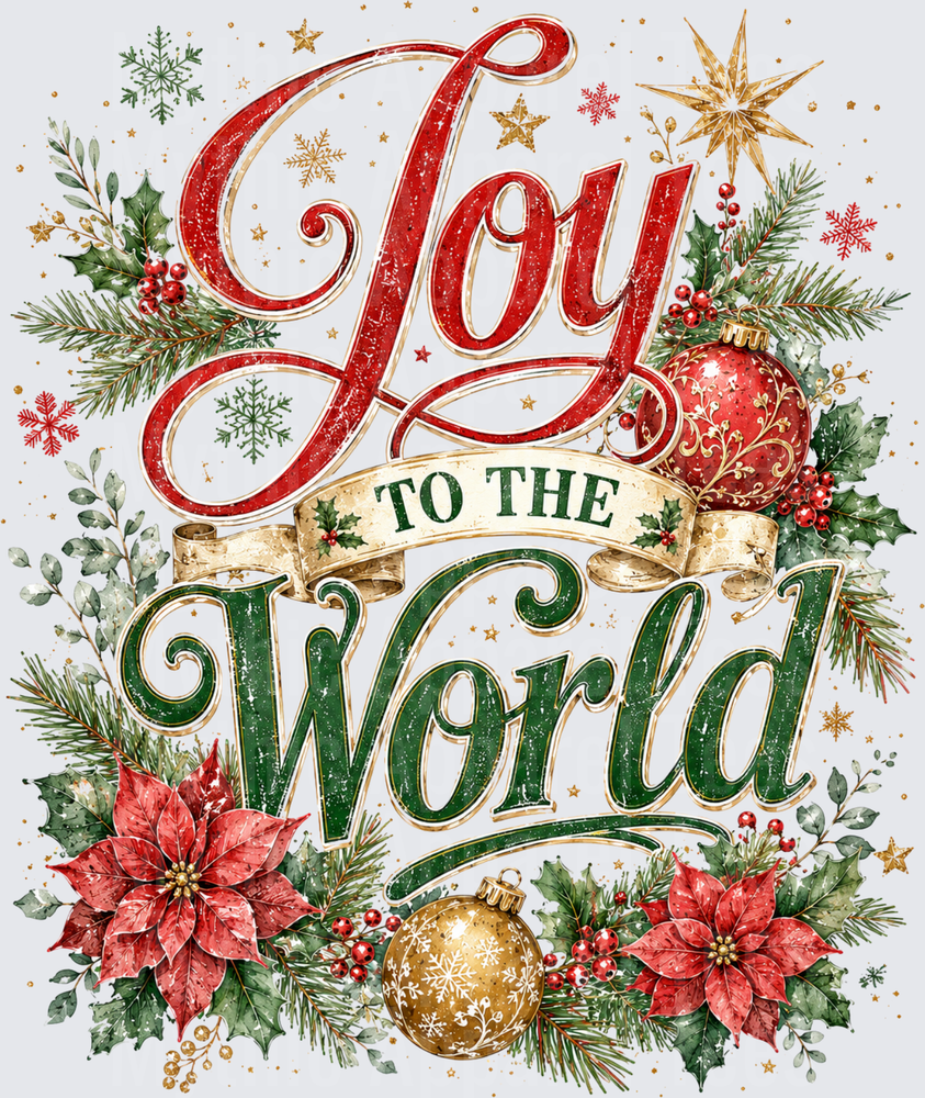 Joy To The World Holiday Typography with Poinsettias Holly Ornaments and Gold Star