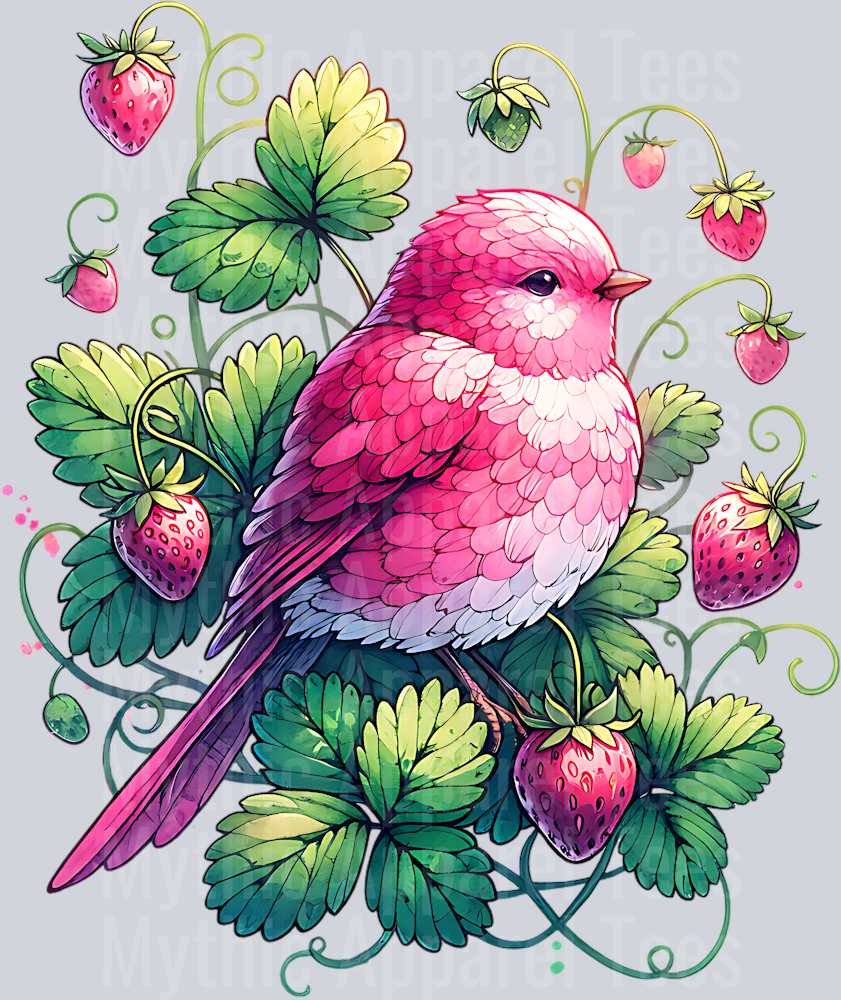 PINK BIRD WITH STRAWBERRIES CLIPART PNG