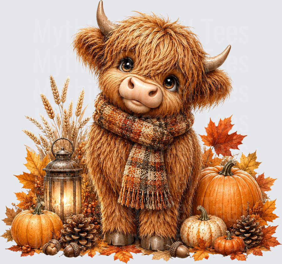 Cute Baby Highland Cow Wearing Cozy Plaid Scarf Surrounded by Fall Pumpkins Autumn Leaves and Glowing Lantern