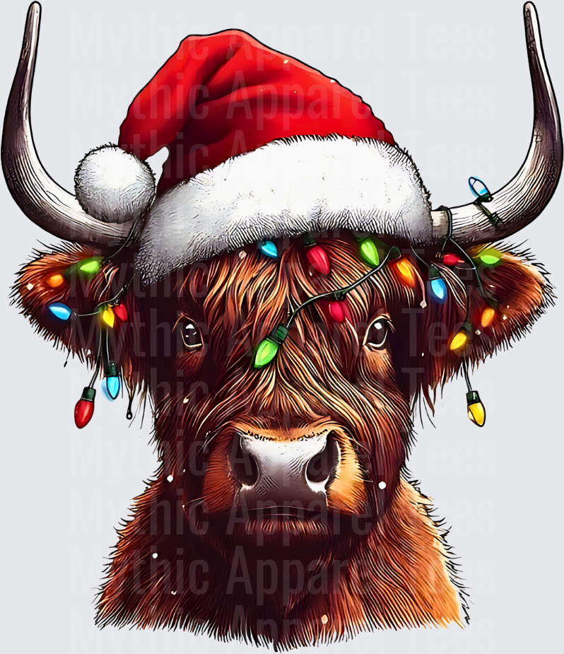Highland Christmas Cow Santa Hat Colorful Lights Portrait