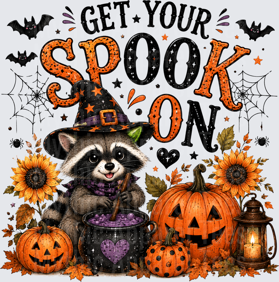 Get Your Spook On Cute Witch Raccoon Stirring Cauldron with Jack-O-Lanterns Sunflowers and Bats Halloween Design
