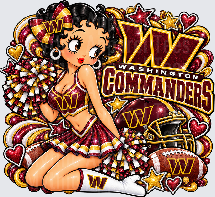 Betty Boop Washington Commanders Cheerleader with Pom Poms Glitter NFL Football Helmet and Hearts Fan Design
