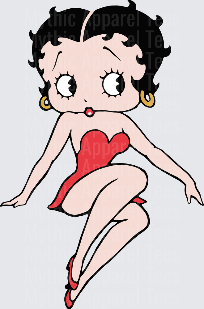 Betty Boop Classic Seated Pose Red Dress Gold Hoop Earrings Vintage Cartoon Pin-Up