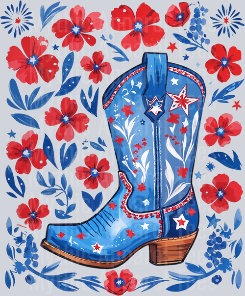 Cowgirl Boots and flowers Red White and Blue DTF Western Patriotic Transfers