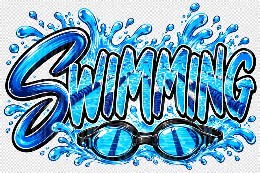 Swimming Bold Graffiti Text with Water Splash Pool Lane Lines and Swim Goggles Blue Graphic Design
