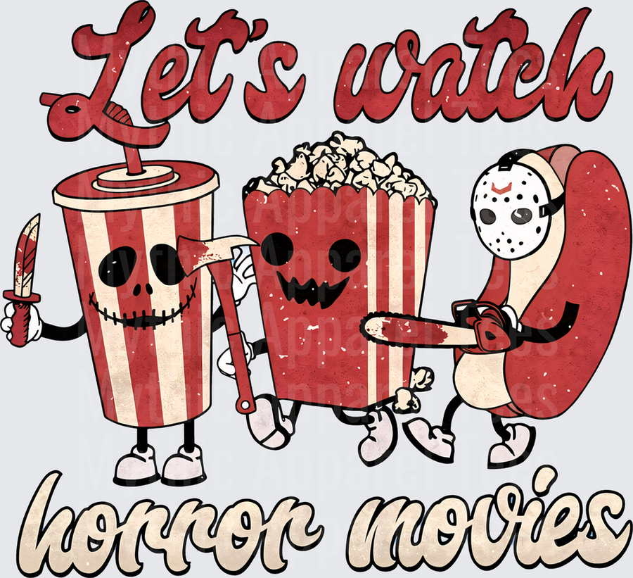 Let's Watch Horror Movies Killer Movie Snacks Retro Cartoon Soda Cup Popcorn Hot Dog Jason Voorhees Mask Chainsaw Bloody Knife Halloween