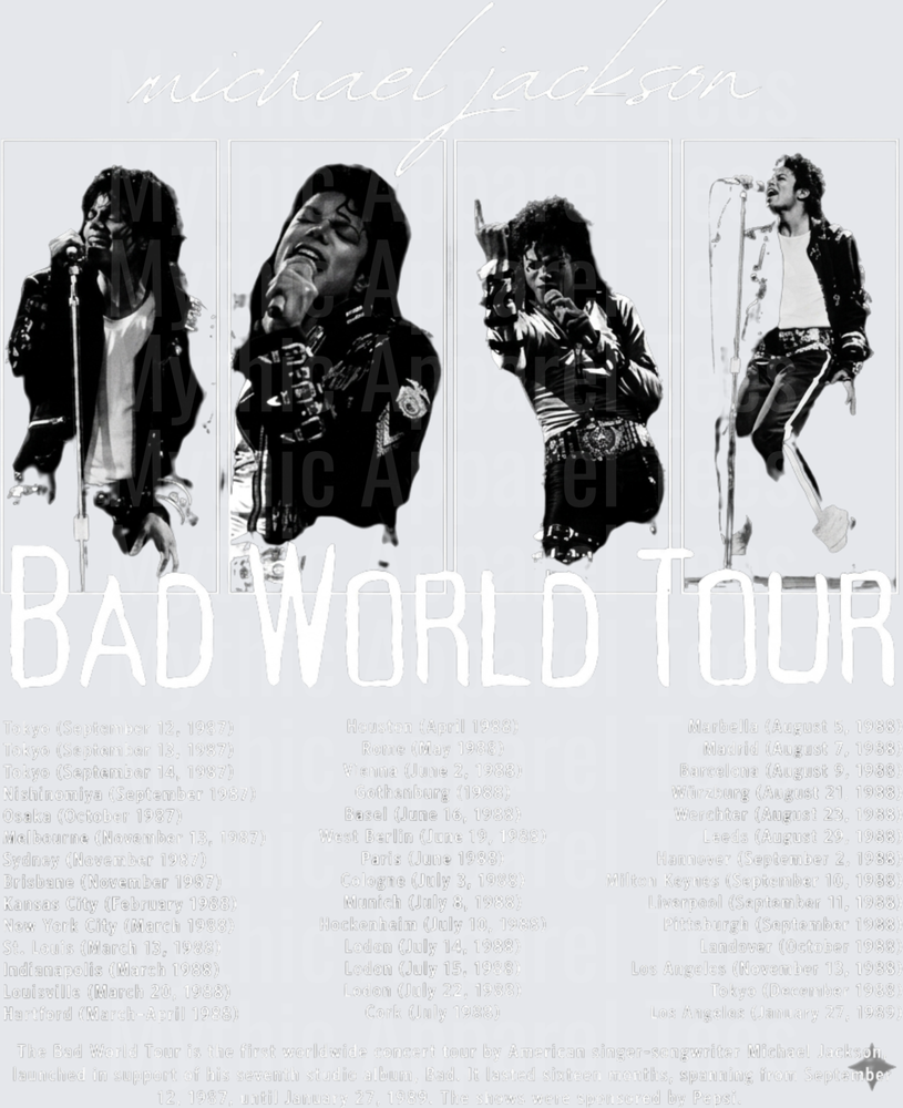 Michael Jackson Bad World Tour Black and White Concert Performance Four Panel Photo Collage with Tour Dates