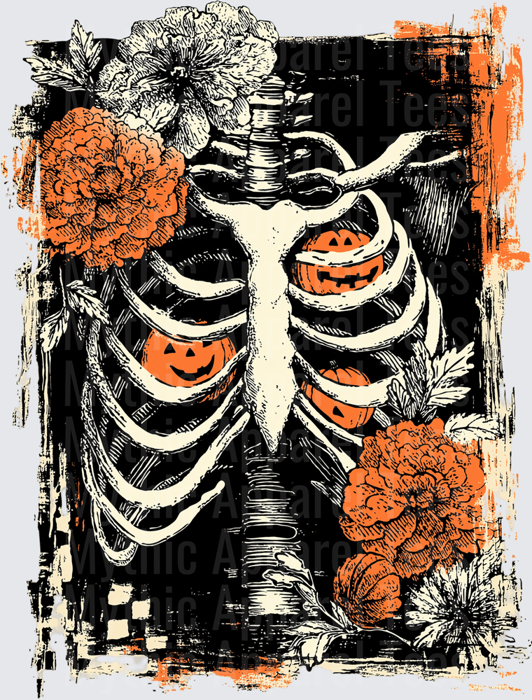 Distressed Halloween Skeleton Ribcage Filled With Jack-O-Lanterns and Marigold Flowers