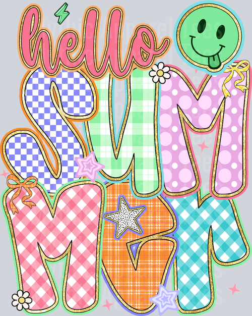Hello Summer Checker and smiley face DTF Summer Transfers