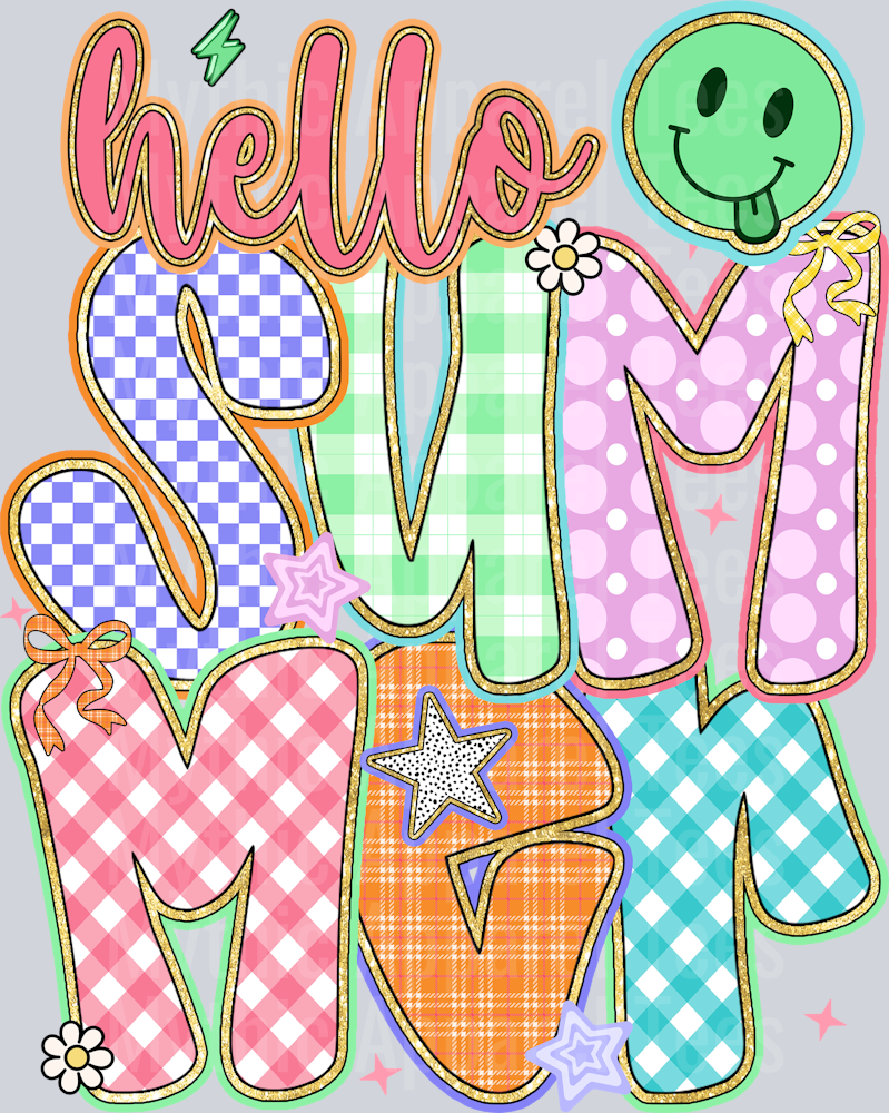 Hello Summer Checker and smiley face DTF Summer Transfers