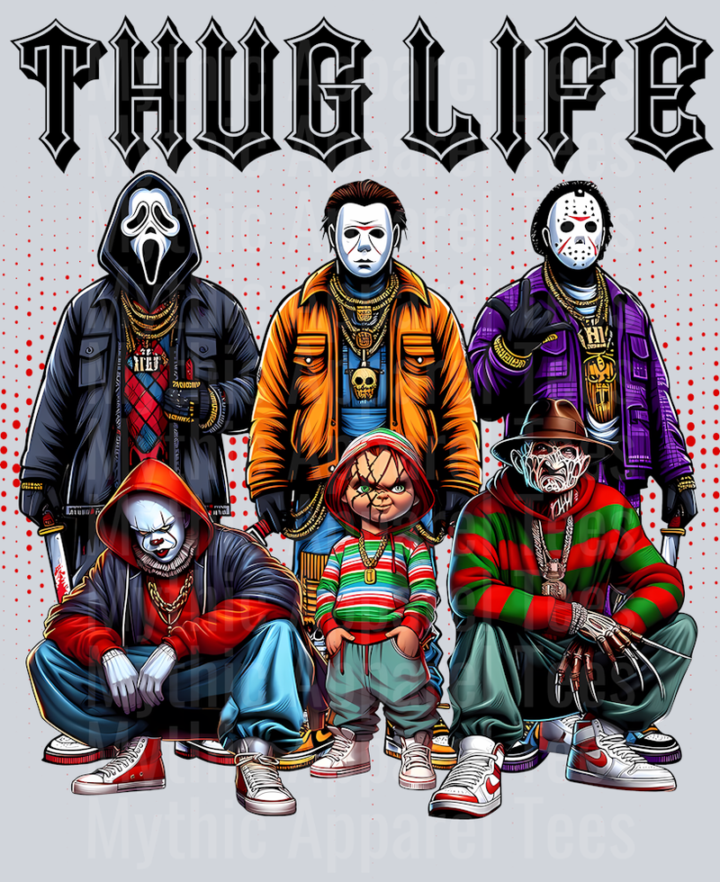 Black Pointy Letters SCREAM THUG LIFE Freddy Krueger Jason Vorhees Michael Myers Pennywise Frankenstein Gangster Pose Horror Movie DTF Thug Life Transfers