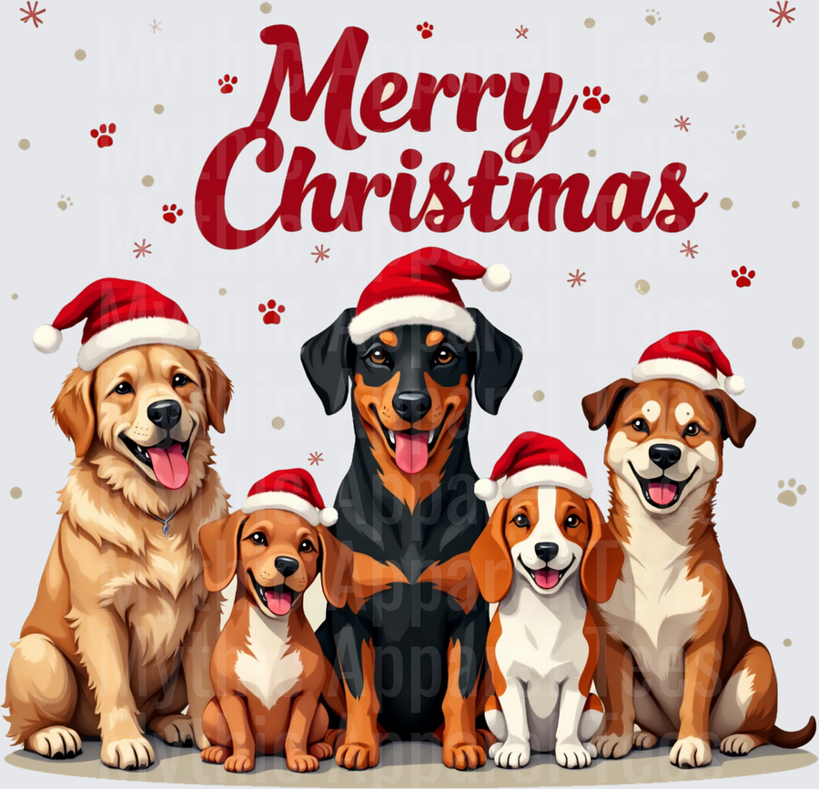 Merry Christmas Five Happy Dogs in Santa Hats Golden Retriever Doberman Beagle Mixed Breed Holiday Paw Print Design