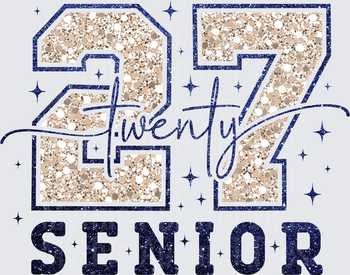 Class of 2027 Twenty Seven Senior Glitter Varsity Letter Navy Blue and Gold Sparkle Design