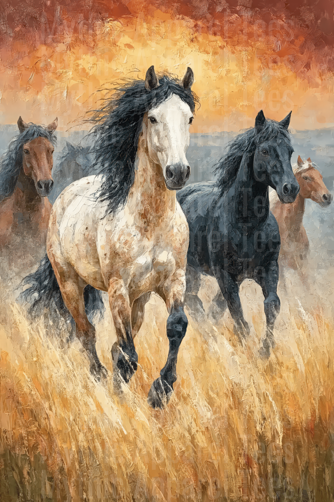 Wild Mustang Herd Galloping Through Golden Prairie Oil Painting Style