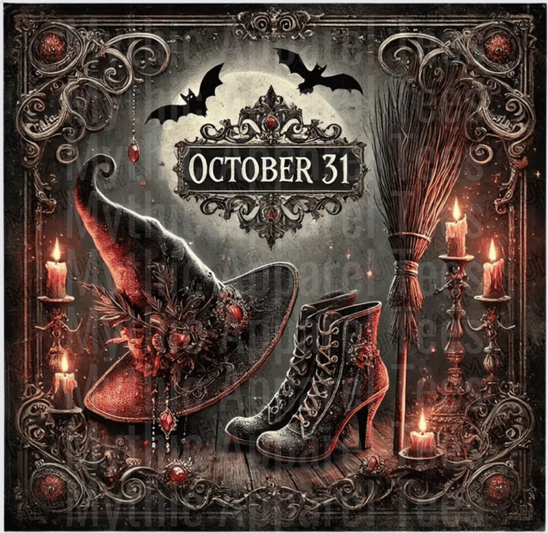 Gothic October 31 Halloween Witch Hat Boots Broom Bats Candles Ornate Dark Victorian Frame Full Moon Night