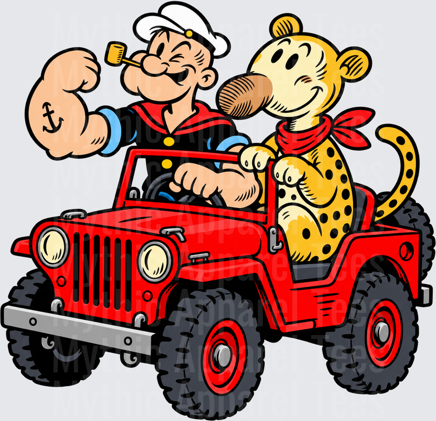 Popeye and Eugene the Jeep Riding in a Red Off-Road Jeep with Flexing Sailor Muscle and Corncob Pipe