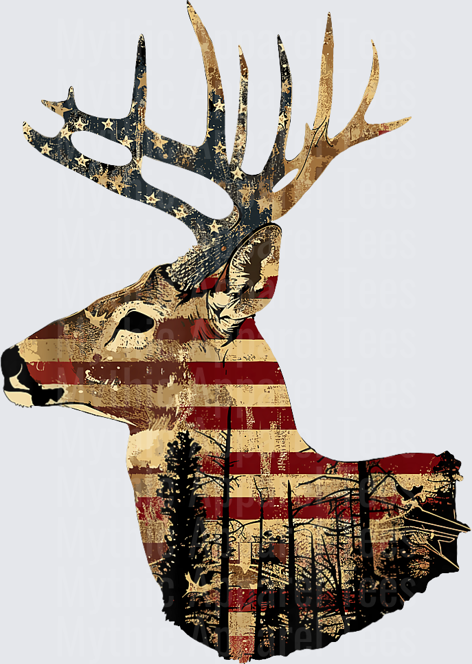 Patriotic Whitetail Buck American Flag Forest Silhouette