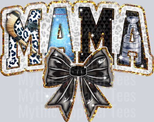 Hockey Mama black ribbon bow with blue and black text cute DTF Sports Transfers