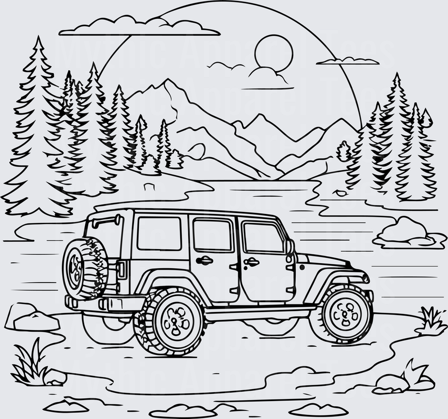 Off Road Jeep Wrangler Mountain Lake Pine Tree Outline Scene