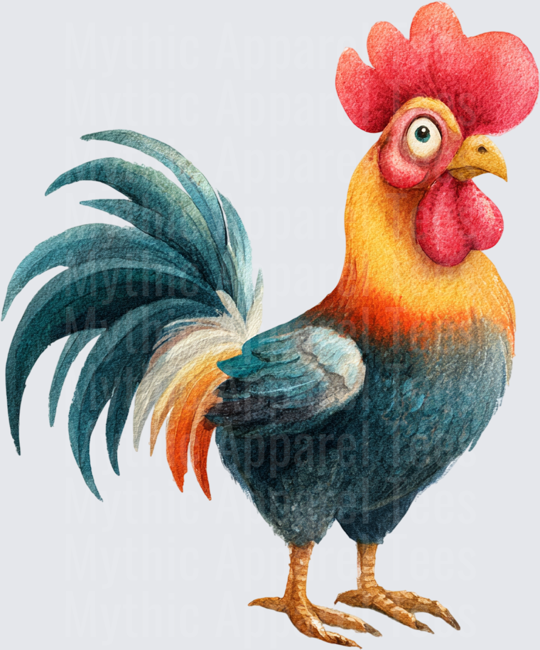 Colorful Watercolor Rooster with Teal Tail Feathers and Red Comb