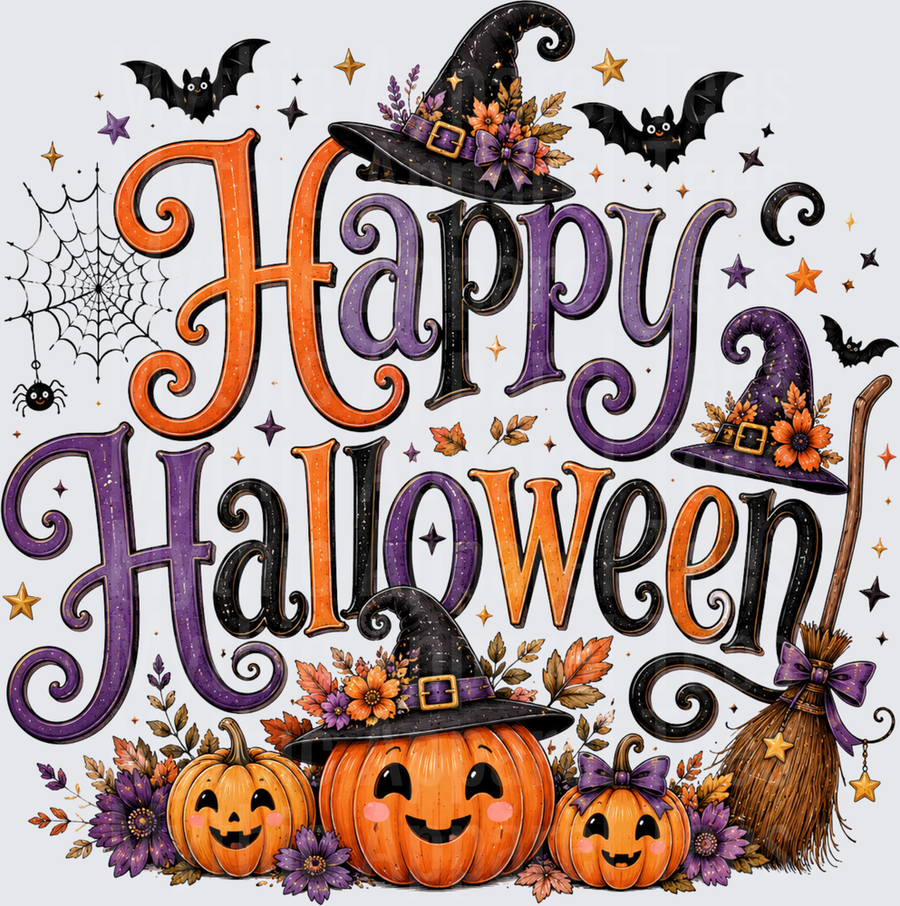Happy Halloween Floral Witch Hat Jack-O-Lantern Pumpkins Bats Spider Web Broomstick Orange Purple Typography