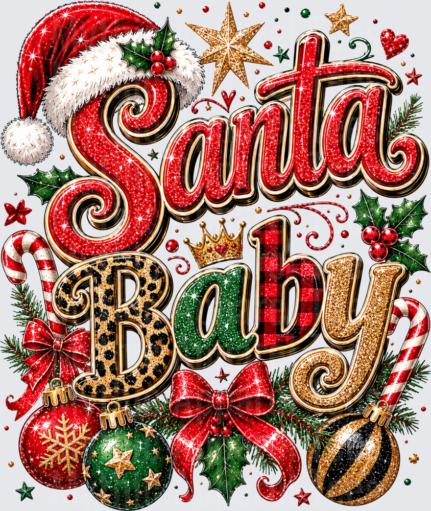 Santa Baby Glitter Christmas Typography with Santa Hat Holly Ornaments and Candy Canes