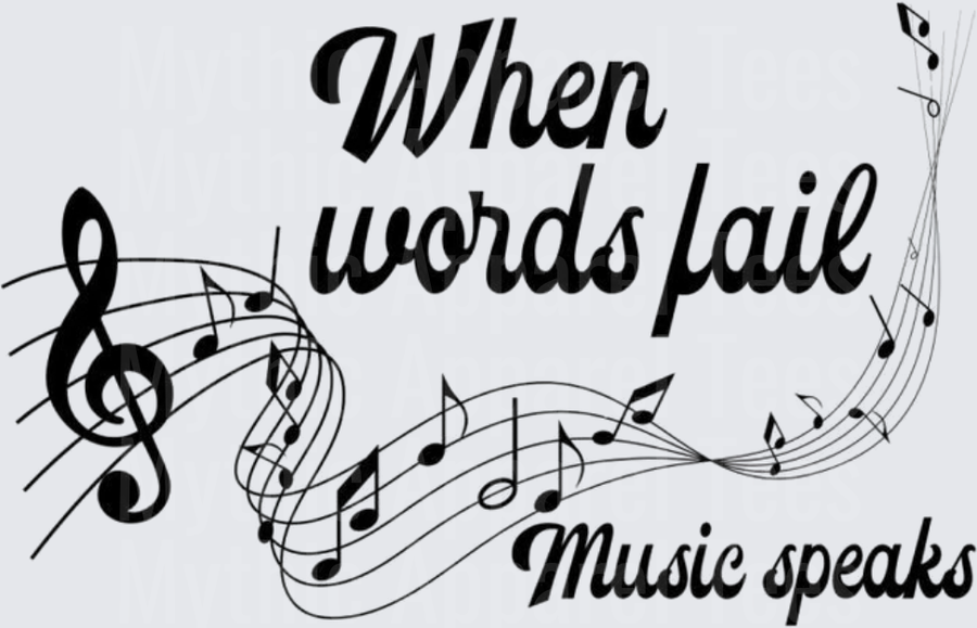 When Words Fail Music Speaks Flowing Musical Notes and Treble Clef Script Typography