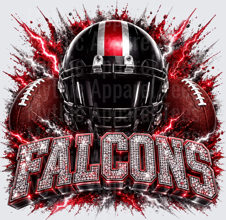 Rhinestone Style NFL Falcons Black and Red Football Helmet with Dual Footballs Lightning Bolt Explosion Glam Bling Lettering